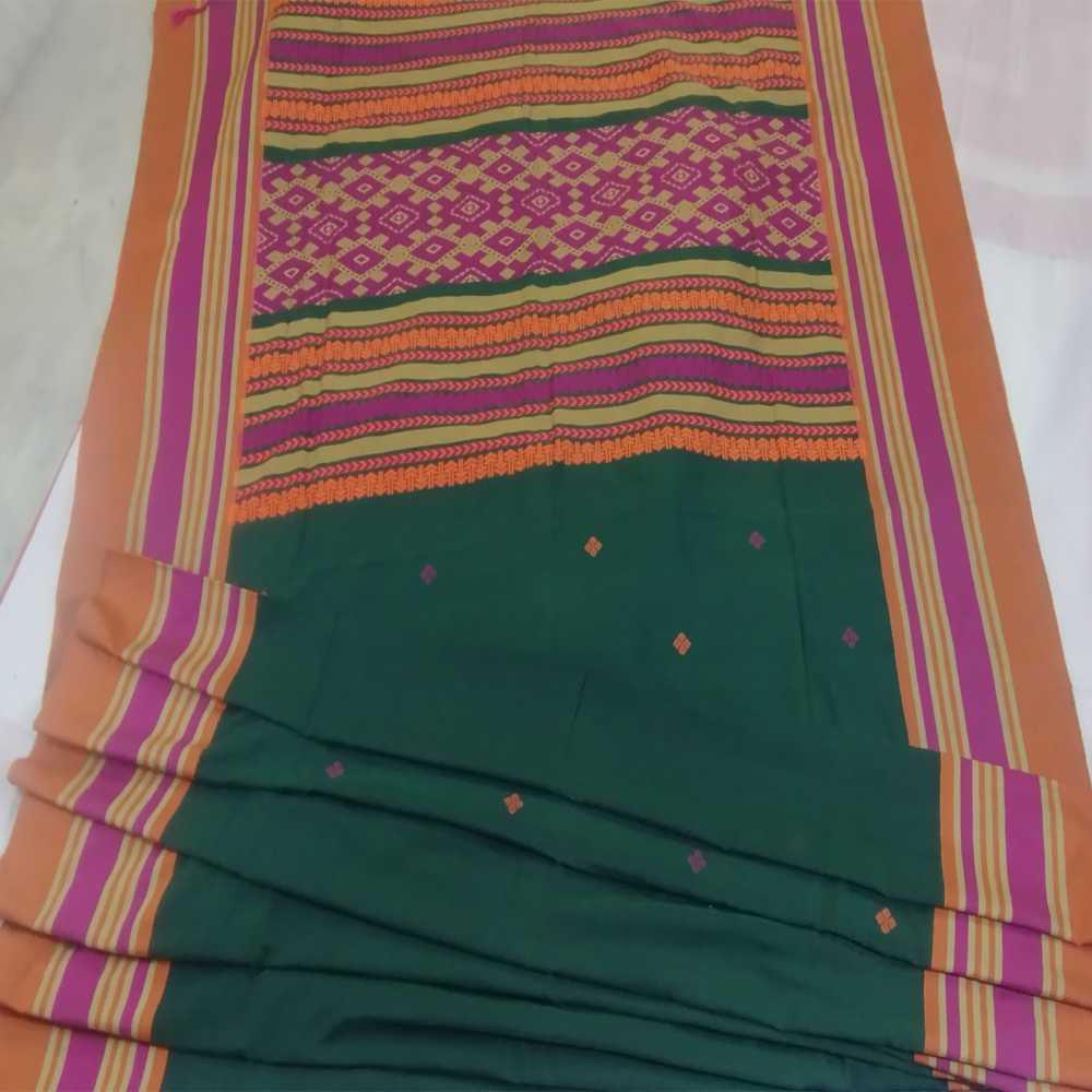 Cotton Dahi Buti Handloom Saree with Blouse Piece | forest green and royal teal - View 5