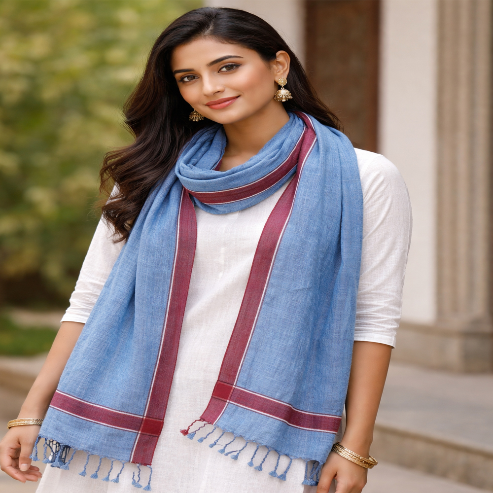Handwoven Pure Linen Stole in Sky Blue with Maroon Borders