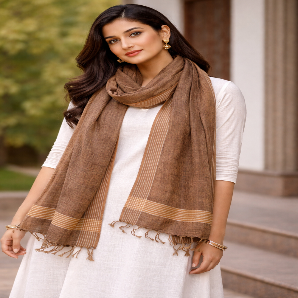 Handloom Pure Linen Stole in Earthy Brown with Natural Stripe Borders