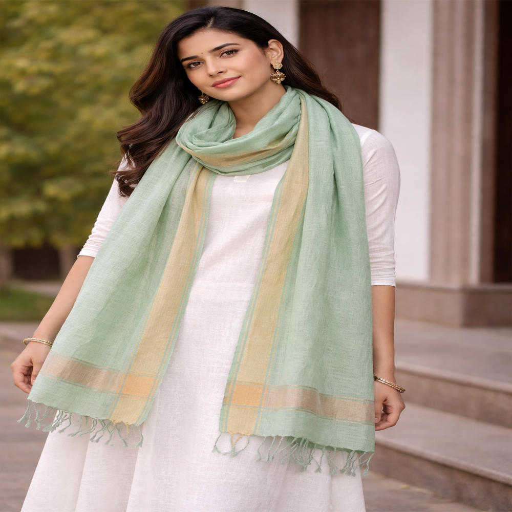 Handloom Pure Linen Stole in Soft Mint Green with Natural Border