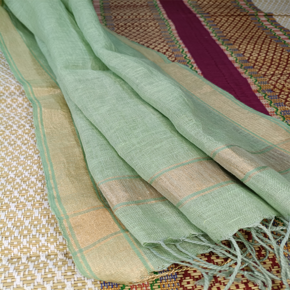 Handloom Pure Linen Stole in Soft Mint Green with Natural Border - View 4
