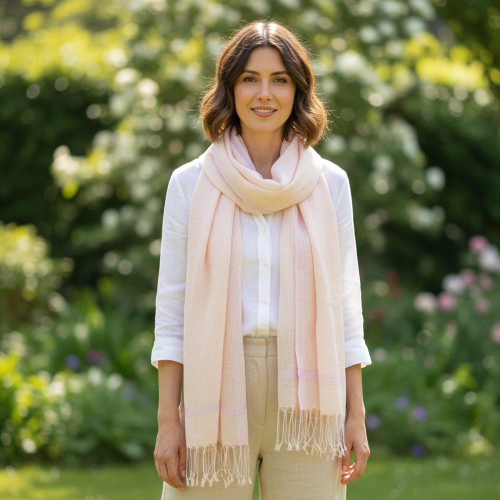 Handloom Pure Linen Stole in Pale Blush with Natural Border
