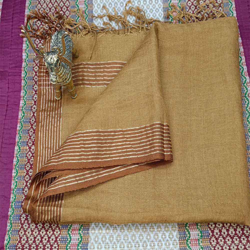 Handloom Pure Linen Stole in Mustard Gold with Natural Border - View 3