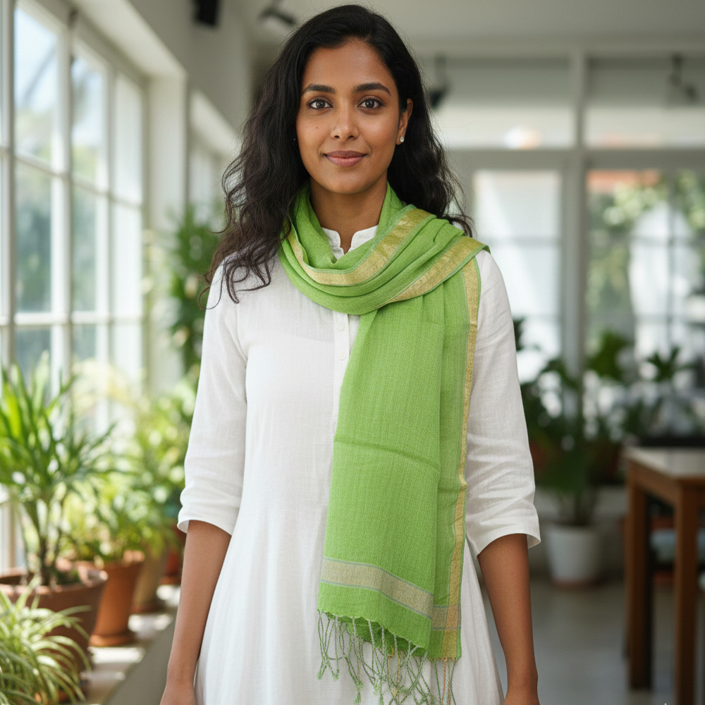 100% Linen Handloom Stole – Fresh Green with Zari Border