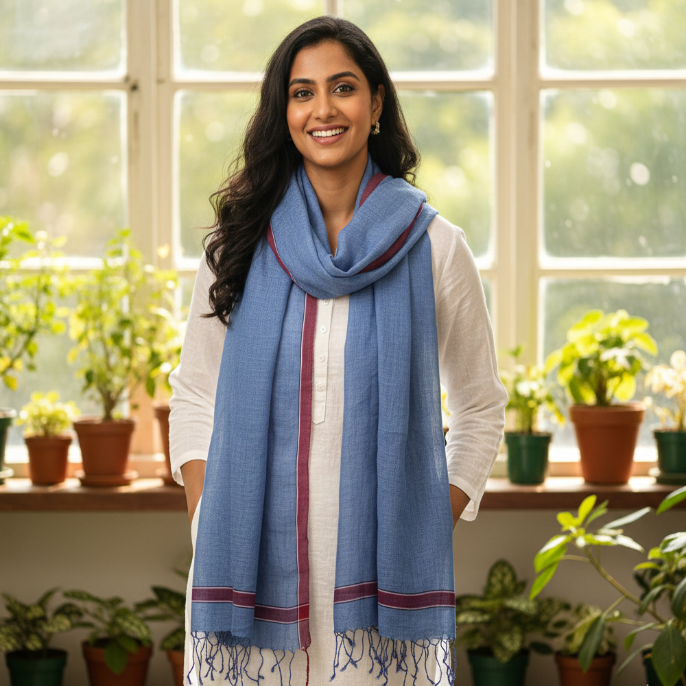 Handloom Pure Linen Stole in Pale Blue