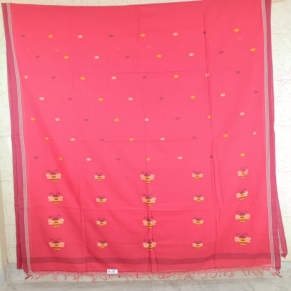 💖 Red Handloom Molmol Jamdani Saree (100% Pure Cotton) with Blouse Piece - View 3