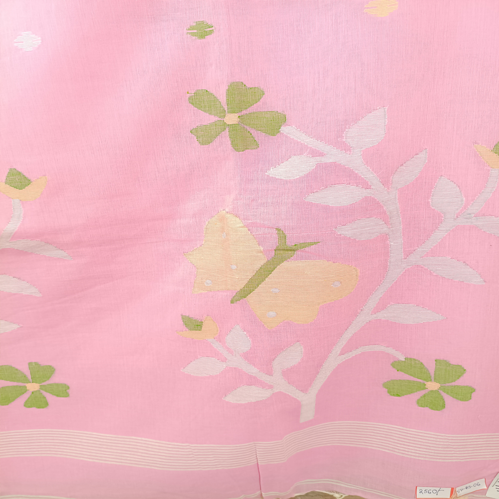 🌸 Dreamy Pink Malmal Cotton Jamdani Saree with Blouse Piece 🦋 - View 5