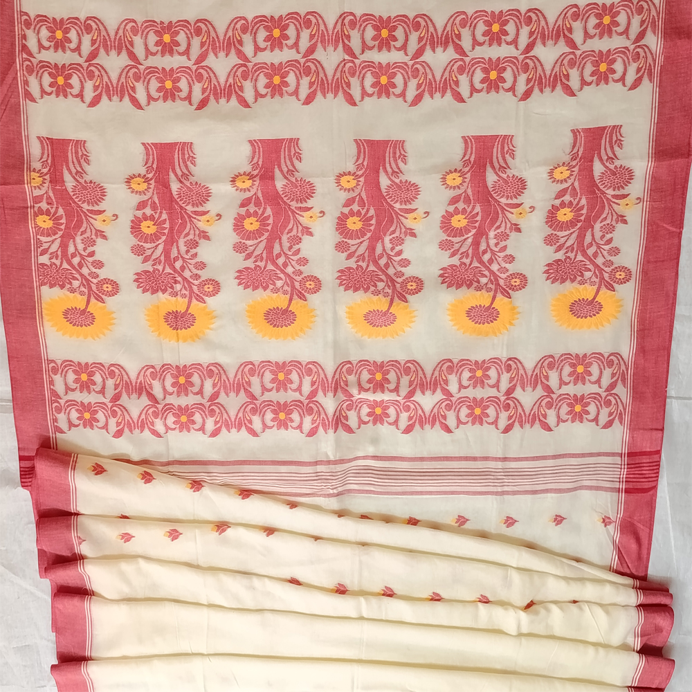 🌟 The Heritage 'Ikkat Buti' Handloom Saree in White and Red | 100% Pure Cotton - View 3