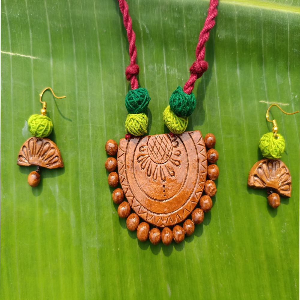 Handcrafted Earthy Terracotta Necklace & Earring Set - View 2