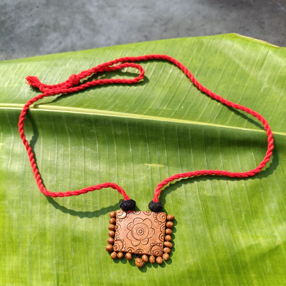 Hand-Etched Square Terracotta Mandala Pendant on Crimson Cord