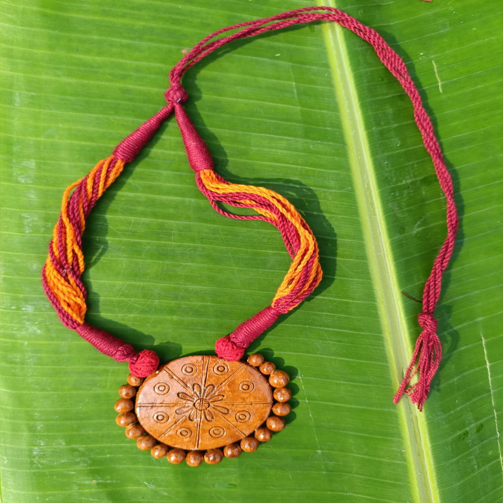 Hand-Etched Square Mandala Terracotta Necklace on Crimson Cord