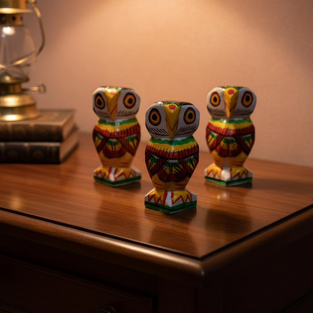 🦉 Hand-Painted Wooden Owl Figurines (Set of 3) - View 2
